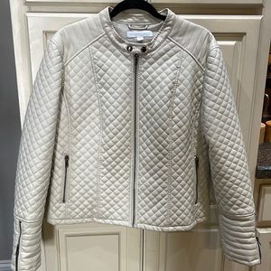 Cream faux leather coat with mandarin collar